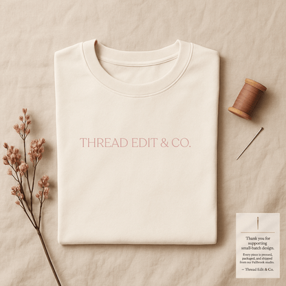 Secure Tee Deposit - Custom Design folded cream t-shirt with 'THREAD EDIT & CO.' text, styled with sewing accessories for mockup preview.